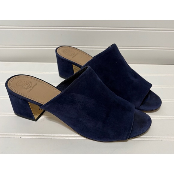 TORY BURCH Saline Blue Suede Platform Slide Sandals Heels Shoes Womens Size 10 M
